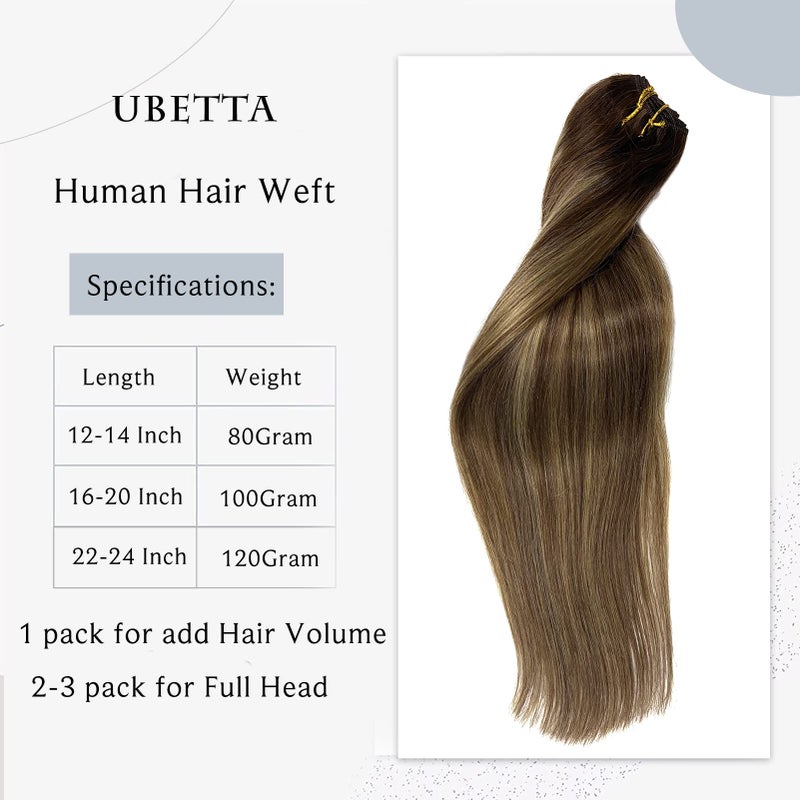 Ubetta Sew in Hair Extensions Real Human Hair, Ombre Brown and Caramel Blonde Highlights Balayage, 120G 24 Inch Hand Tied Weft, Human Hair Extensions - Image 2